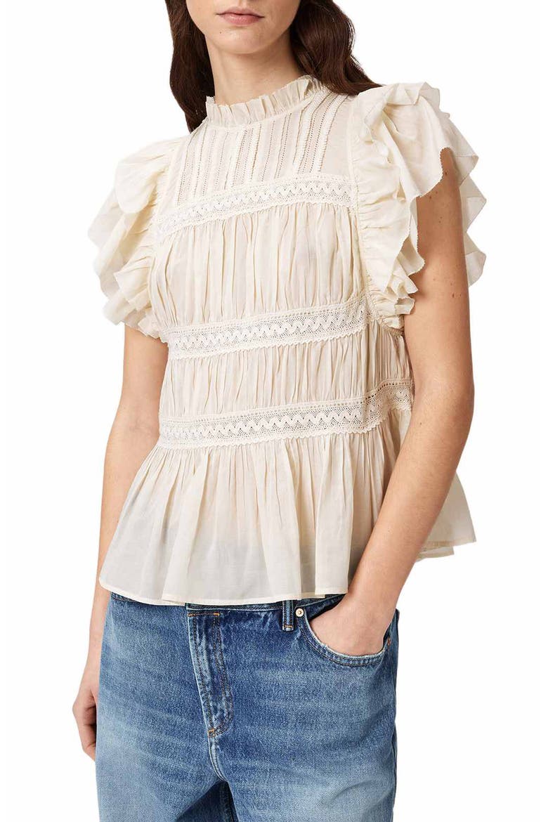 Harriet Lace Trim Shirred Flutter Sleeve Peplum Top, Main, color, DOVE WHITE