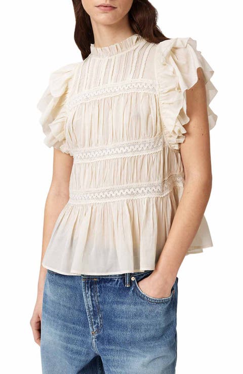 Harriet Lace Trim Shirred Flutter Sleeve Peplum Top