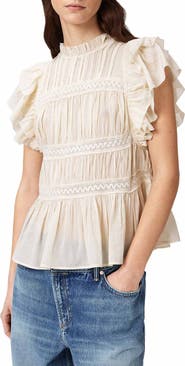 AllSaints Harriet Lace Trim Shirred Flutter Sleeve Peplum Top