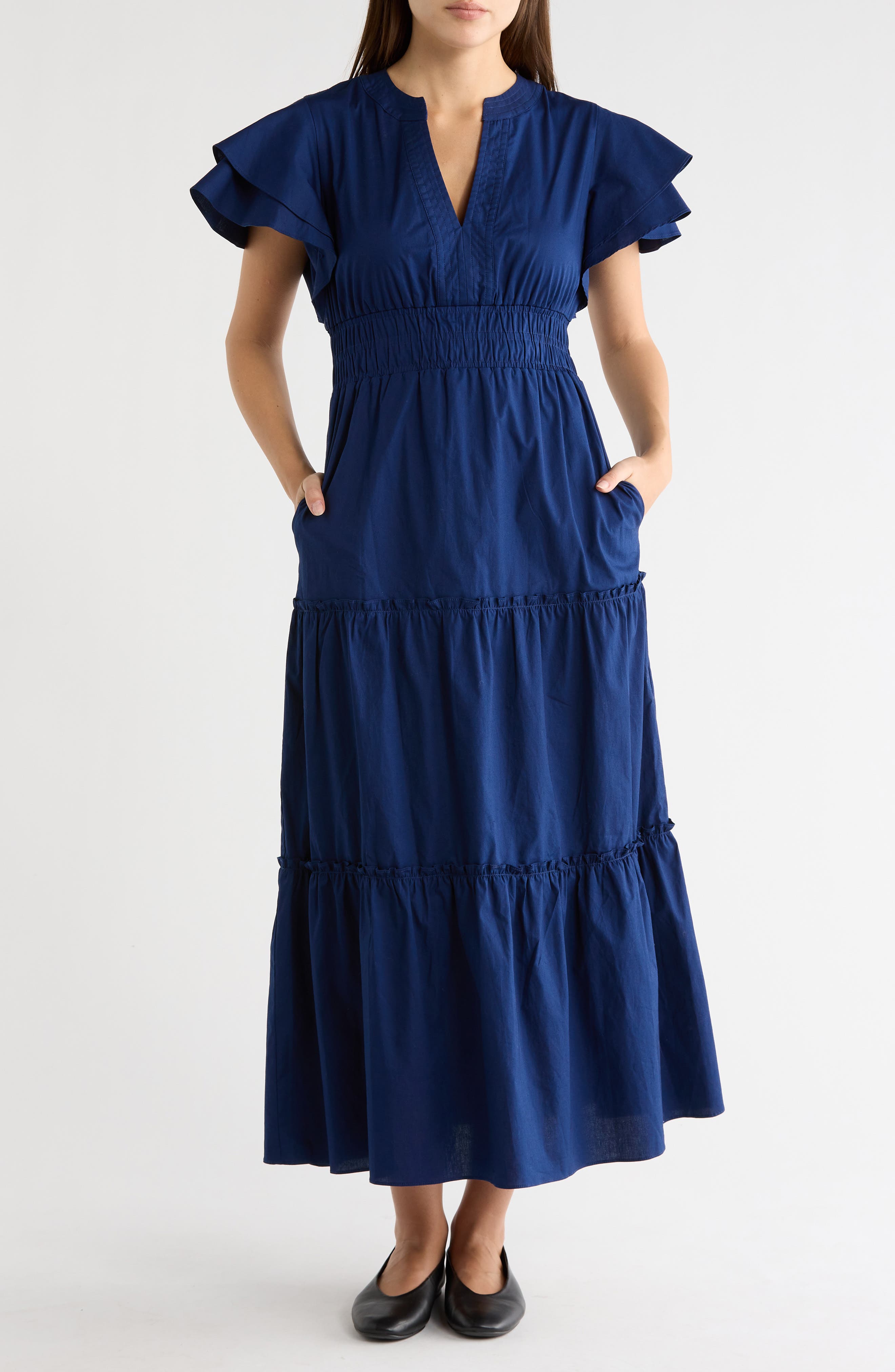 Julia Jordan Flutter Sleeve Tiered Midi Dress