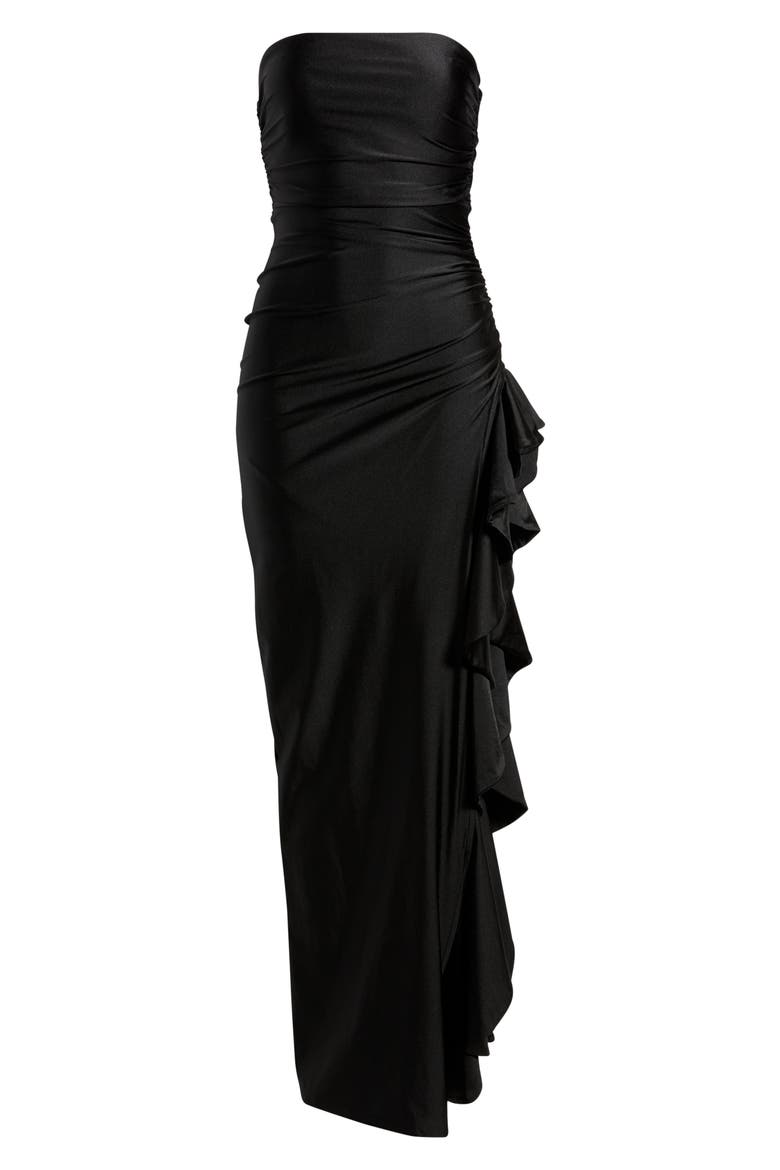 Shirred Ruffle Strapless Gown, Alternate, color, BLACK