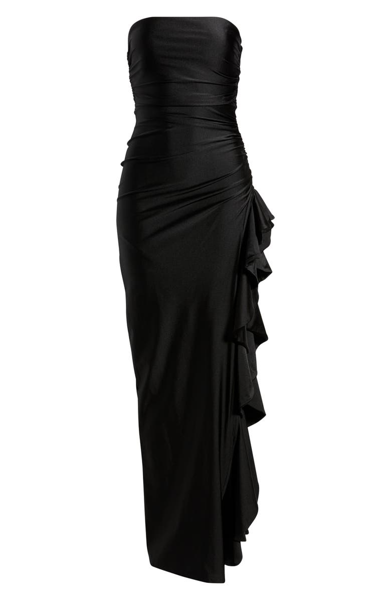 Emerald Sundae Shirred Ruffle Strapless Gown, Main, color, Black