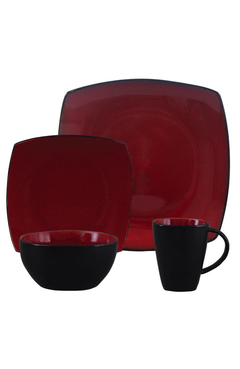 Gibson 16 Piece Square Stoneware Dinnerware Set, Main, color, Black
