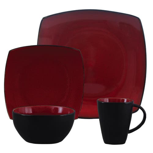 Gibson 16 Piece Square Stoneware Dinnerware Set In Red
