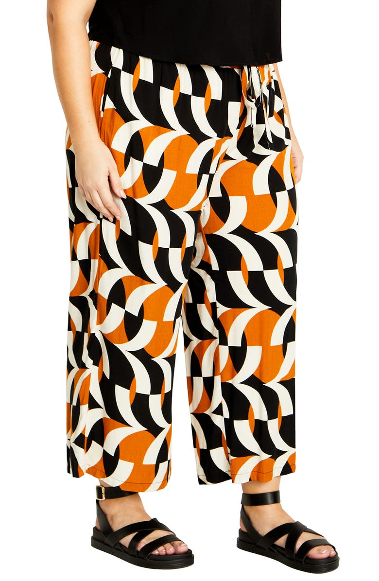 City Chic Nova Print Drawstring Ankle Wide Leg Pants, Main, color, Black Print
