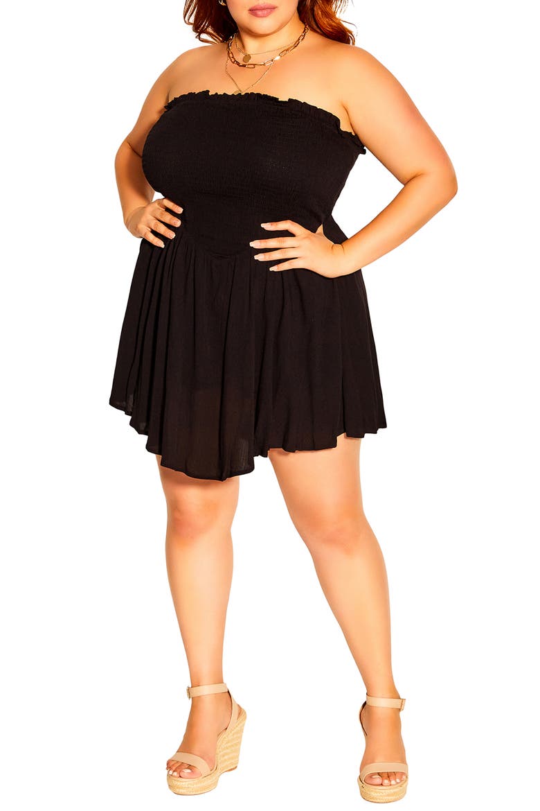 Esplanade Smocked Strapless Romper, Main, color, BLACK