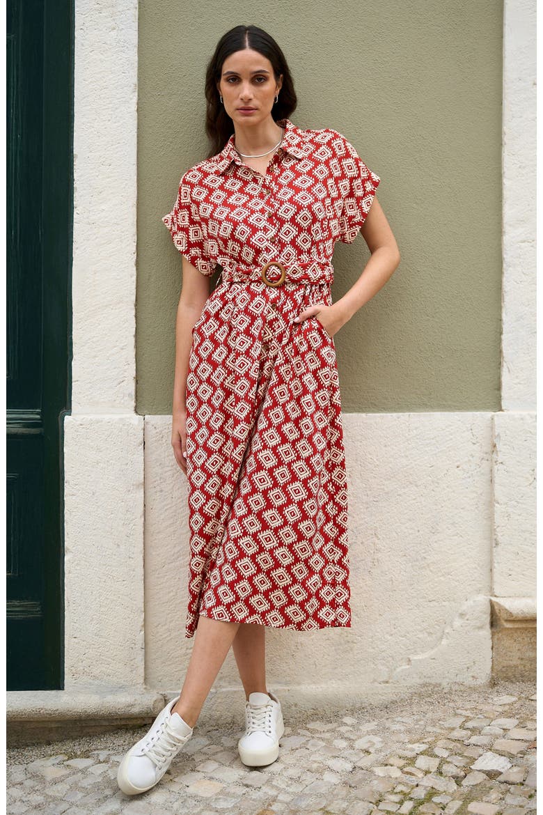 Belted Midi Shirt Dress, Alternate, color, Red