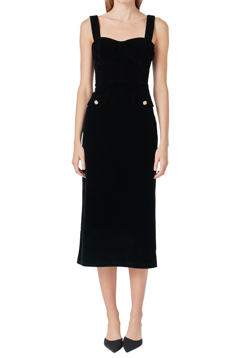 Open Back Velvet Midi Dress, Alternate, color, BLACK