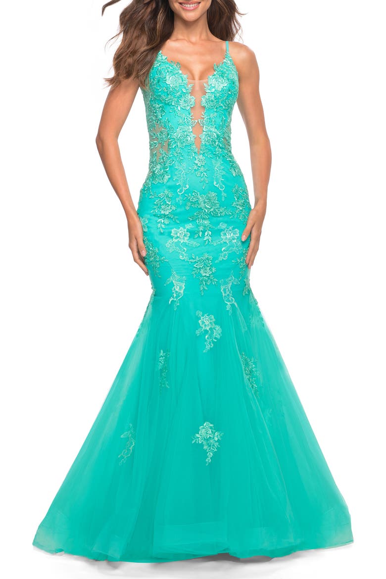 Tulle and Lace Mermaid Gown in Aqua, Alternate, color, Aqua