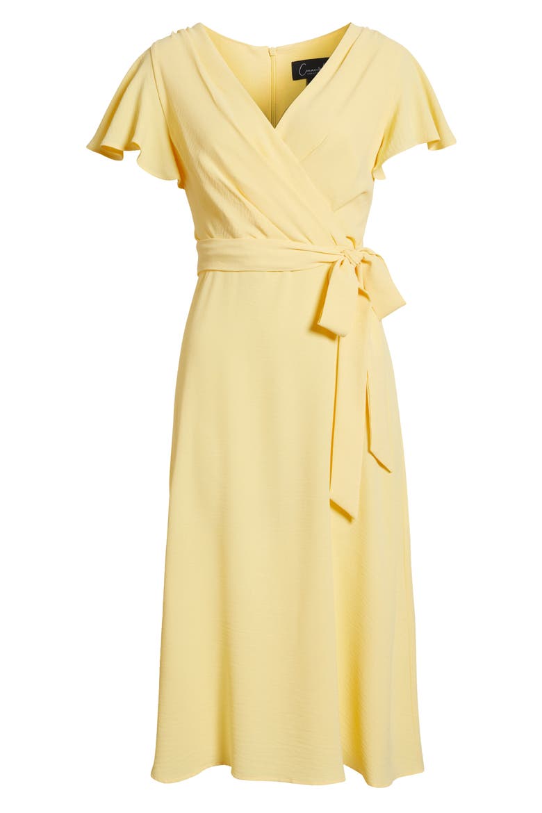 Flutter Sleeve Tie Waist Crepe Midi Dress, Alternate, color, LEMON