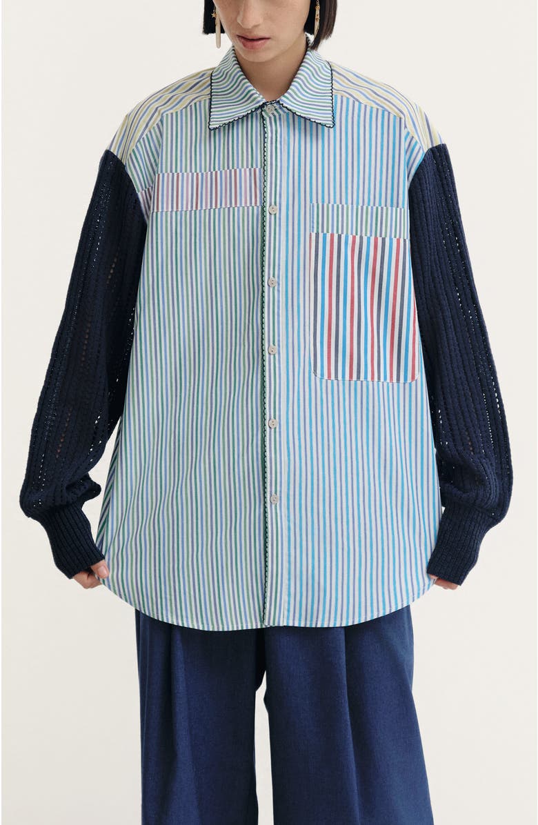 De Loreta Palmar Long Sleeve Button-Up Cotton Shirt, Main, color, Mix Lines/Navy