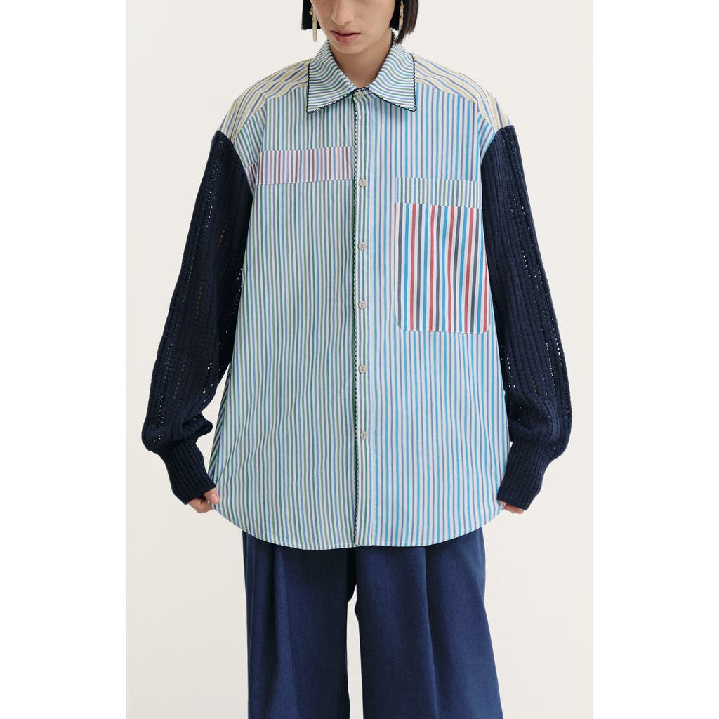 De Loreta Palmar Long Sleeve Button-up Cotton Shirt In Blue