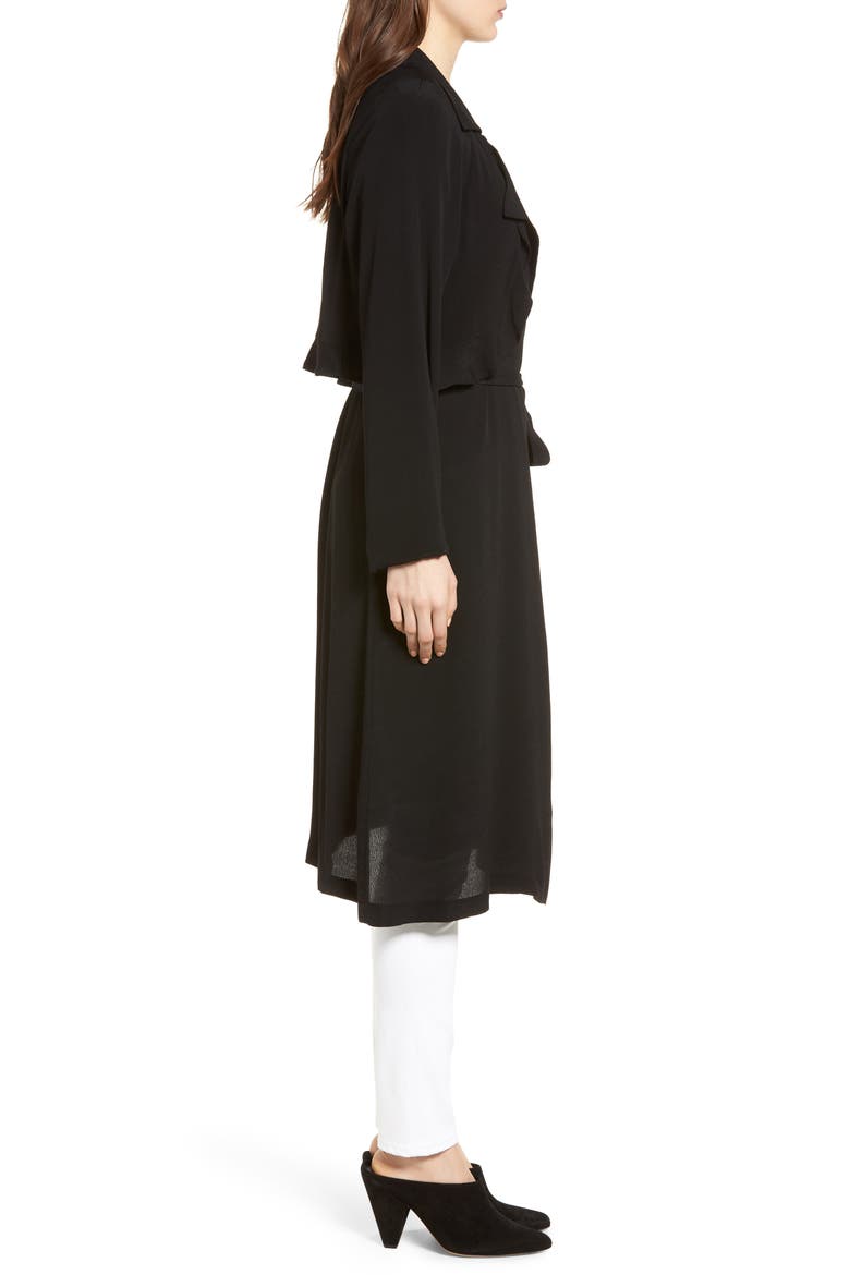 Ruffle Drape Front Belted Duster Jacket, Alternate, color, BLACK