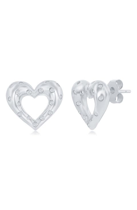 Sterling Silver & CZ Heart Stud Earrings