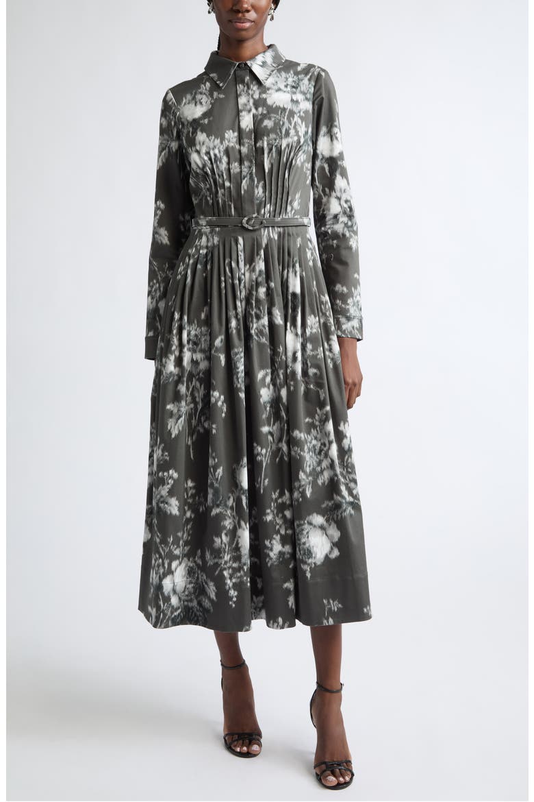Peony Print Long Sleeve Stretch Cotton Shirtdress, Main, color, WHITE/ CARBON
