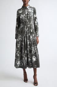Oscar de la Renta Peony Print Long Sleeve Stretch Cotton Shirtdress