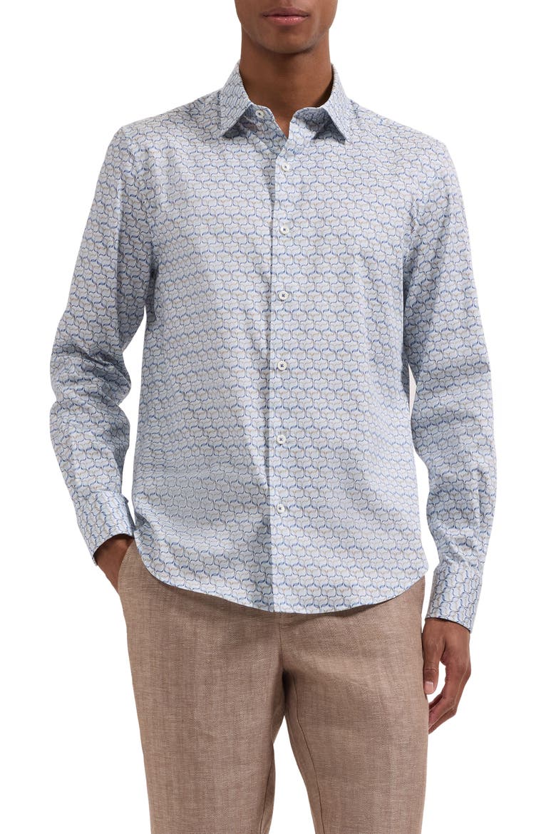 Julian Shaped Fit Geometric Wave Print Stretch Cotton Button-Up Shirt, Main, color, HAZY BLUE