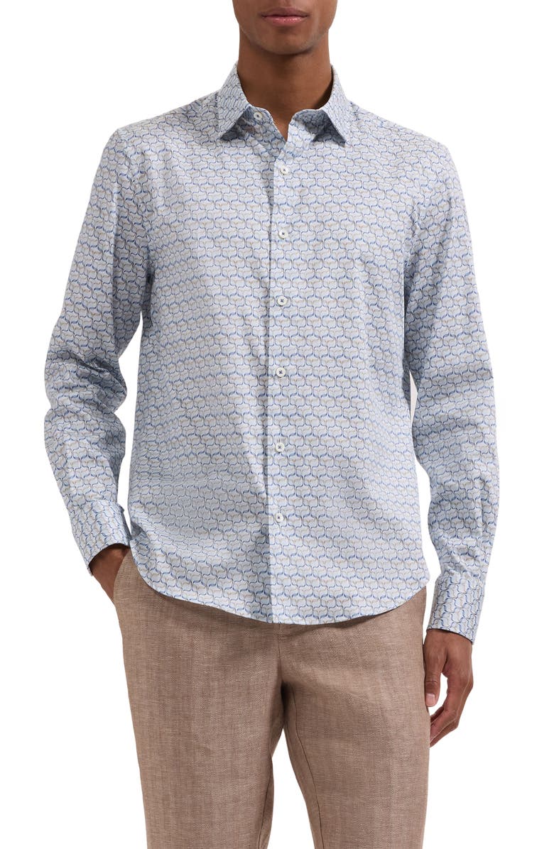Bugatchi Julian Shaped Fit Geometric Wave Print Stretch Cotton Button-Up Shirt, Main, color, Hazy Blue