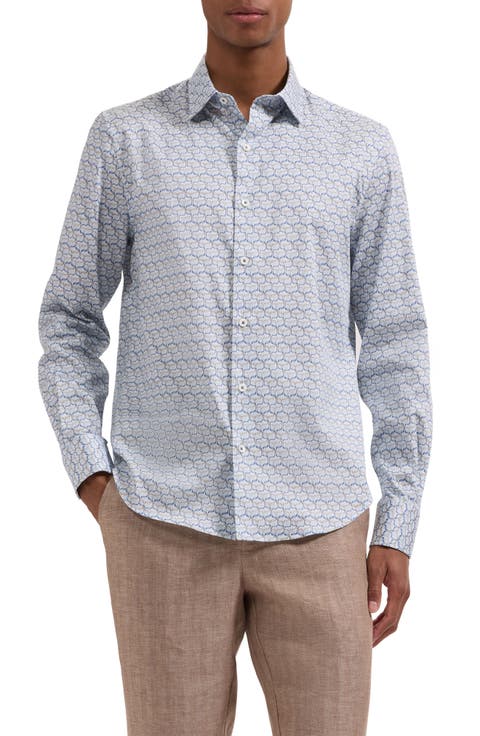 Julian Shaped Fit Geometric Wave Print Stretch Cotton Button-Up Shirt