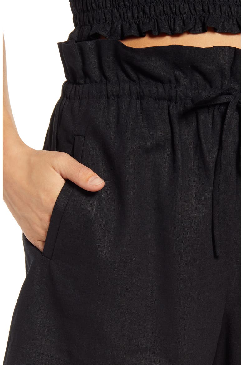 Paperbag Waist Linen Blend Shorts, Alternate, color, BLACK