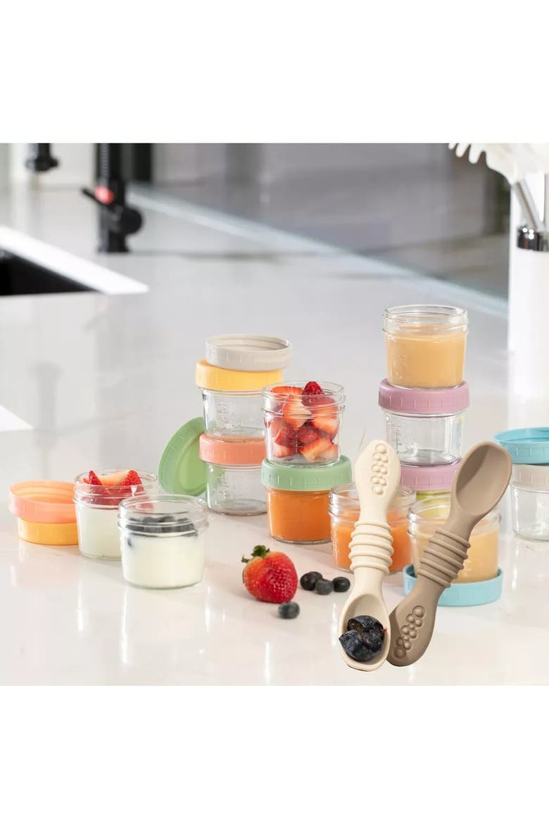 Glass Baby Food Storage Jars and Silicone Baby Spoons Set, Alternate, color, Tan