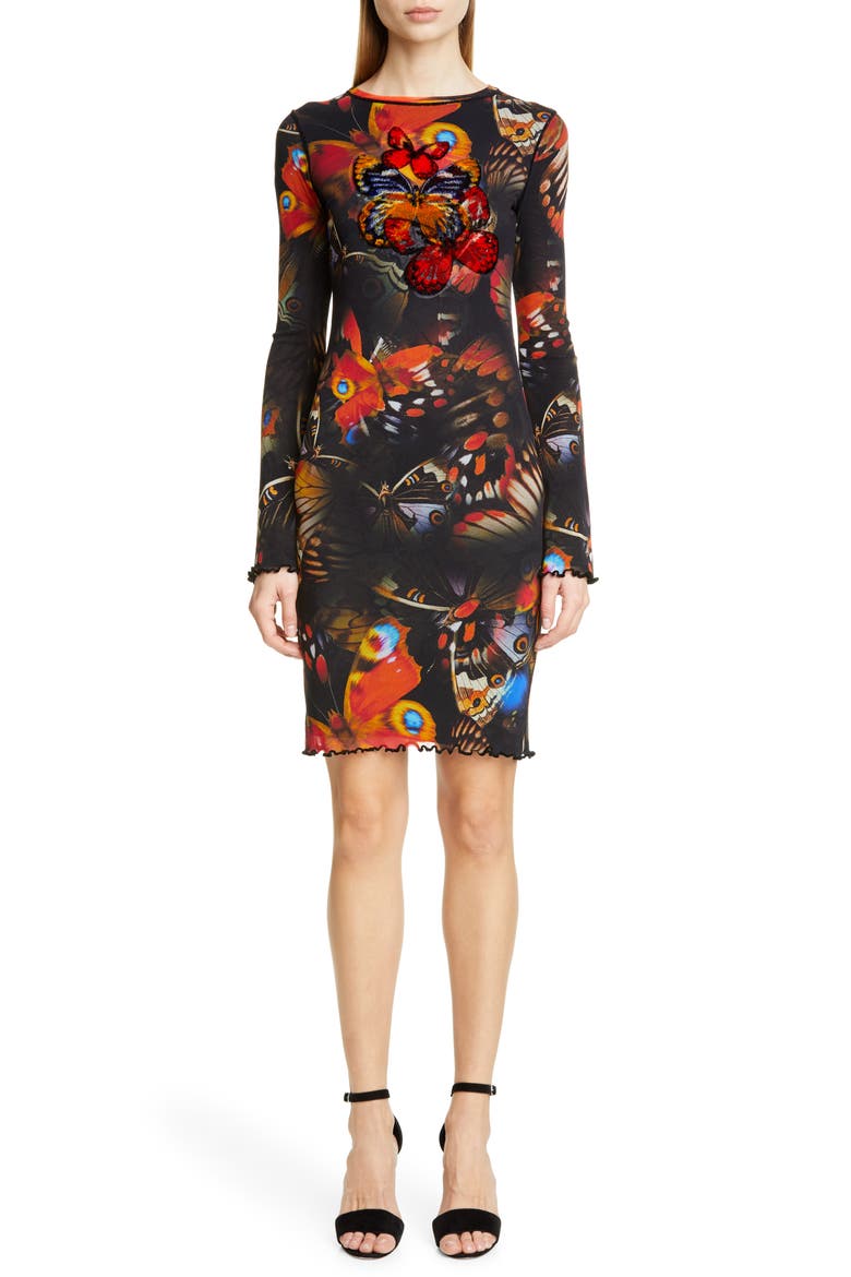 Butterfly Print Long Sleeve Dress, Main, color, ANGOSTURA