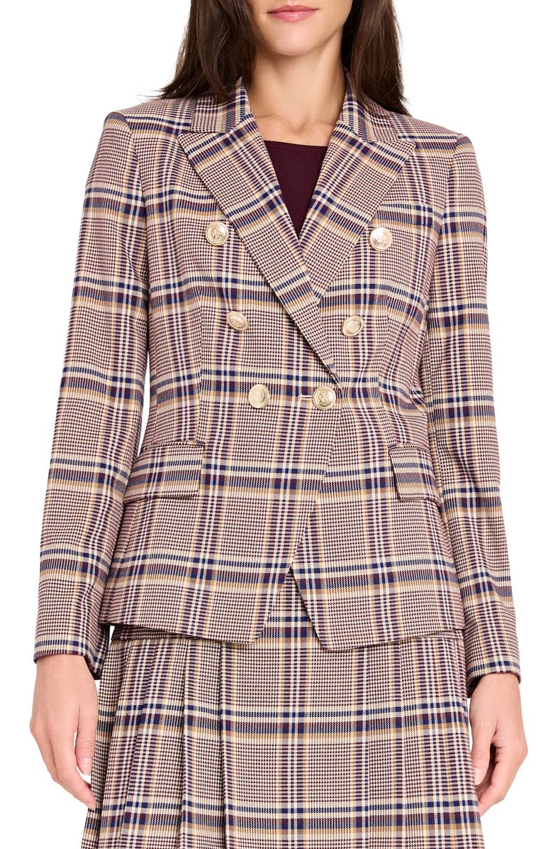Tahari ASL Plaid Double Breasted Blazer, Main, color, Tan Plum