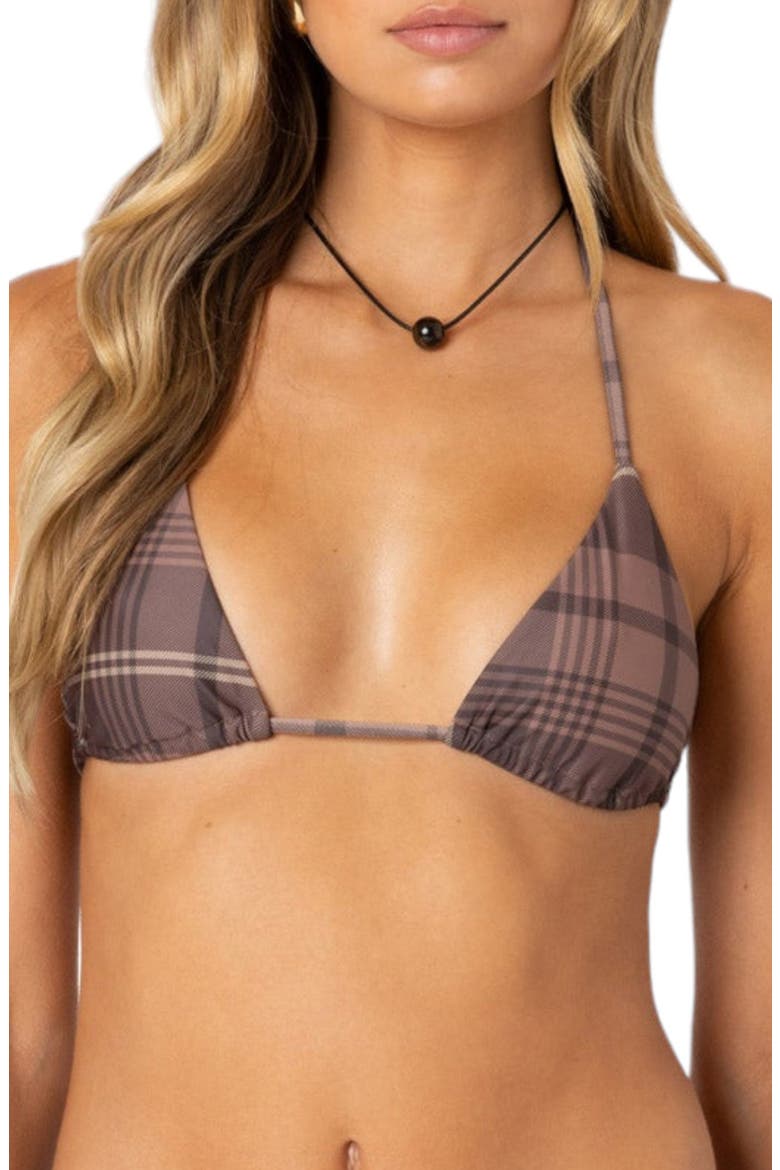 Wilhelmina Plaid Triangle Bikini Top, Main, color, BROWN