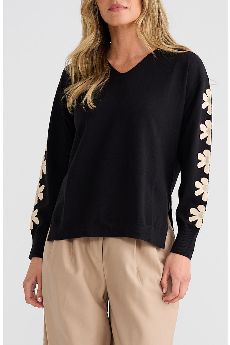 Britney Flower Sleeve Sweater, Main, color, BLACK FLOWER