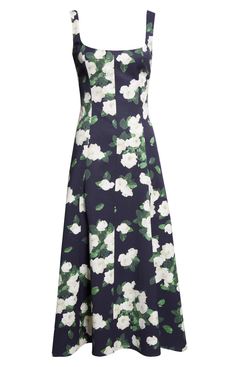 Carolina Herrera Rose Print Square Neck Sleeveless Midi Dress, Alternate, color, Midnight Multi