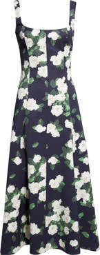 Carolina Herrera Rose Print Square Neck Sleeveless Midi Dress