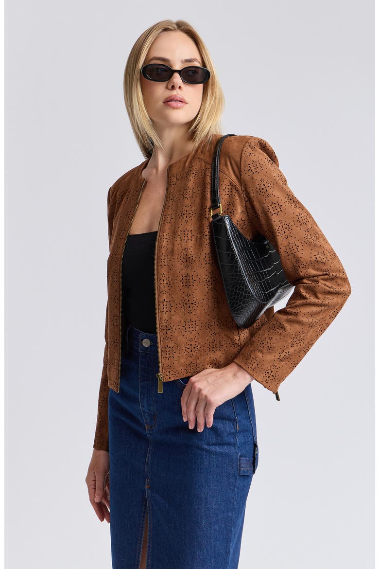 Eyelet Faux Suede Jacket, Alternate, color, SADDLE