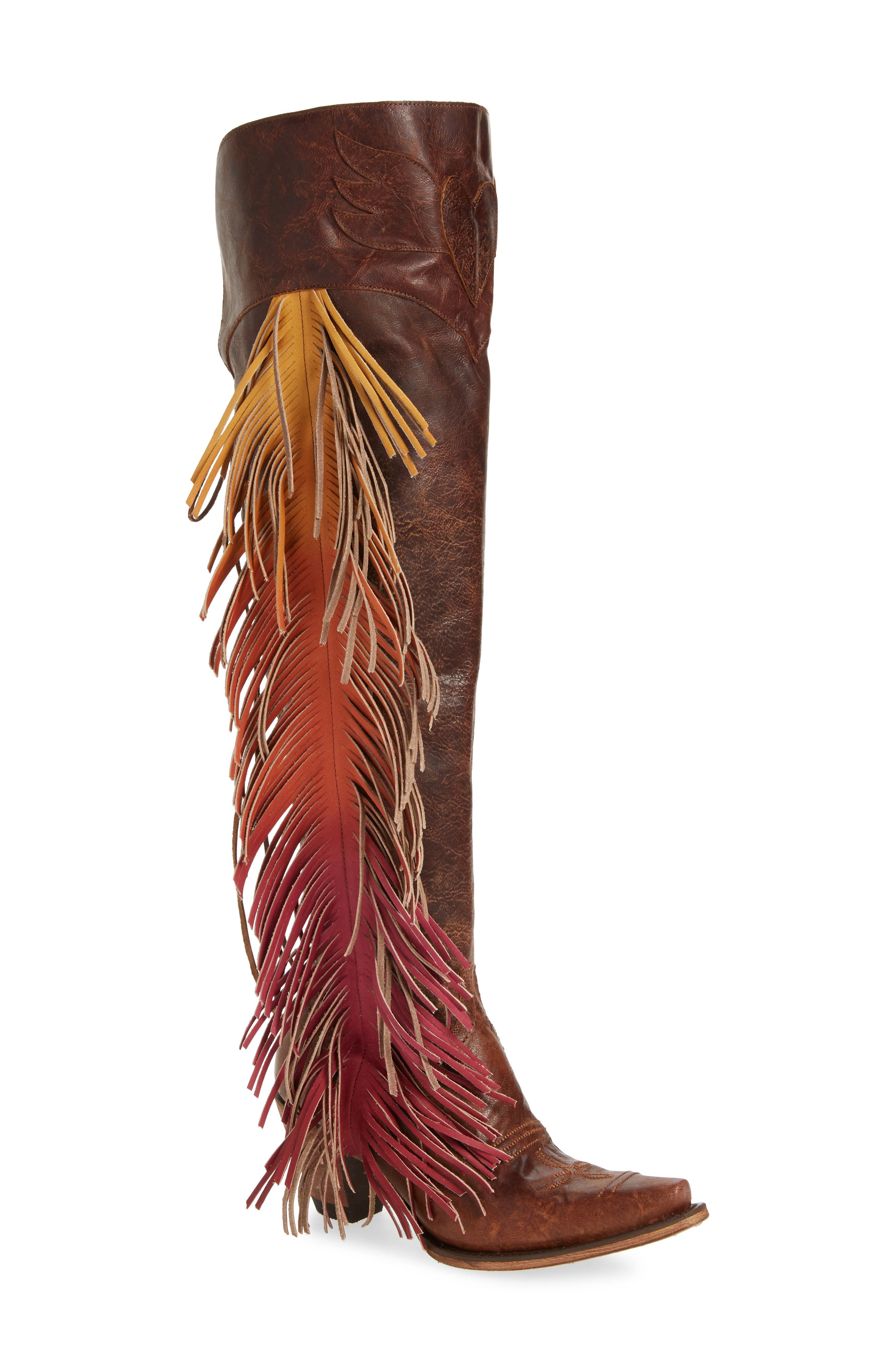 Fringe Over the Knee Western Boot, Main, color, BROWN LEATHER