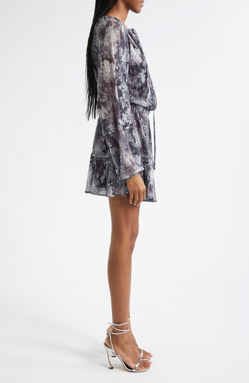 Ramy Brook Twilight Aaliyah Metallic Long Sleeve Chiffon Minidress In Dove Grey Floral