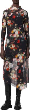 AllSaints Gracie Floral Mesh Long Sleeve Midi Dress