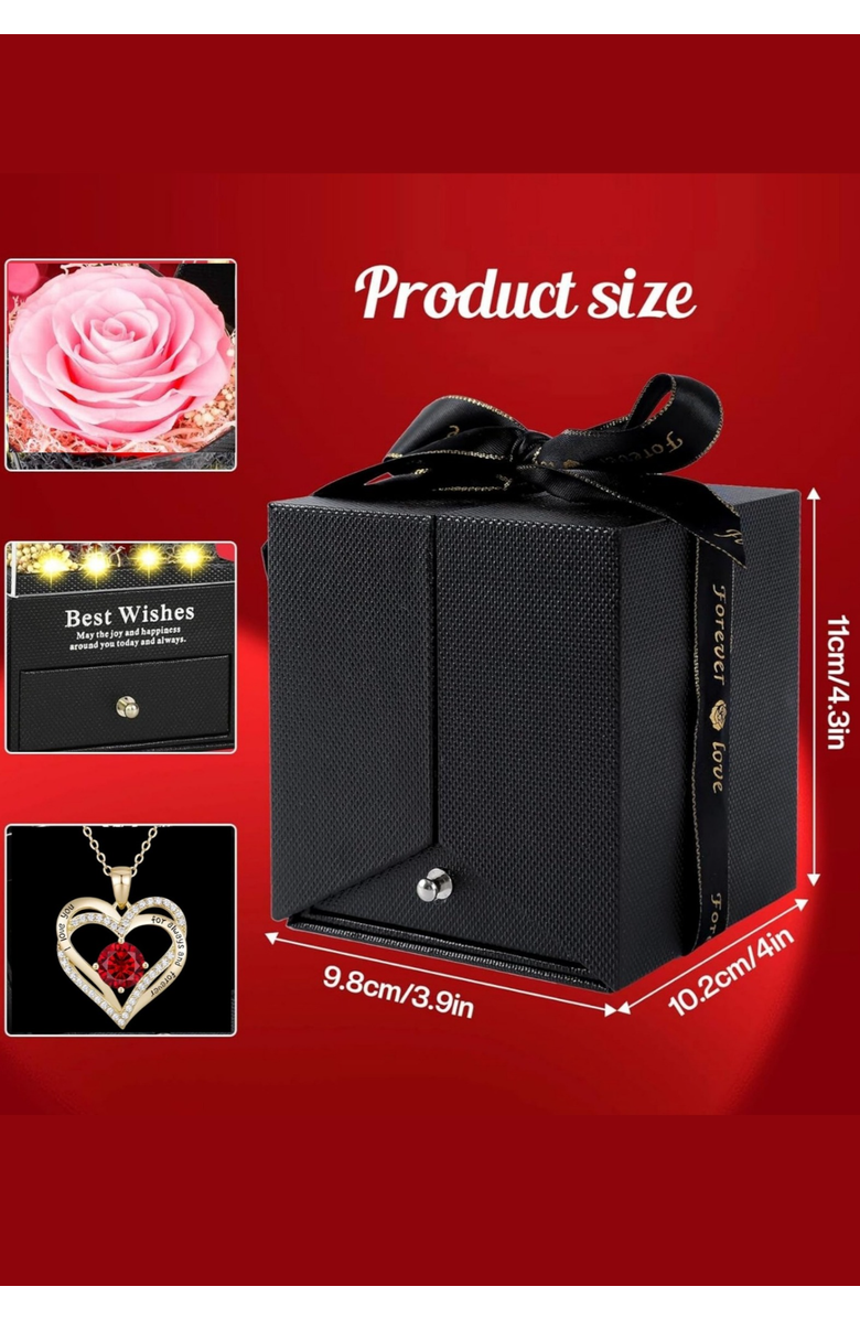 Lovery Preserved Pink Rose with Led Lights & 14K Gold Plated Double Heart Ruby Necklace, Alternate, color, Black, Pink