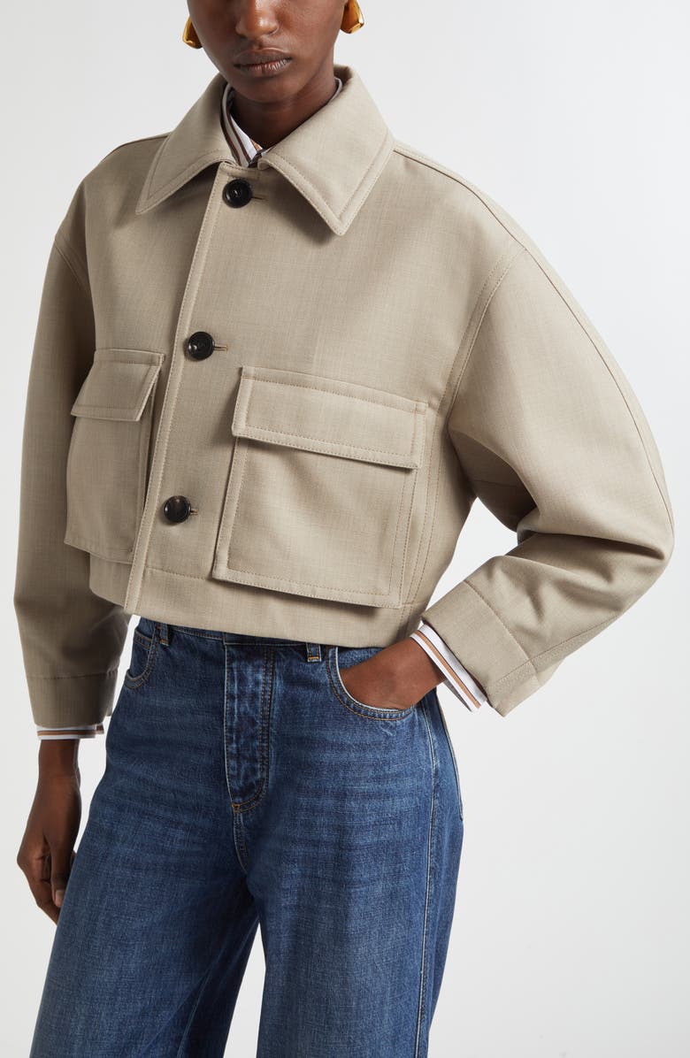Bottega Veneta Cotton Blend Twill Crop Jacket with Removable Intrecciato Leather Collar, Alternate, color, 