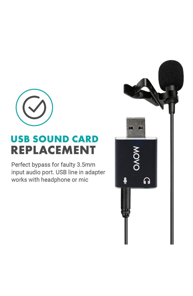 MOVO USB-AC 3.5mm TRS Microphone to USB 2.0 Stereo Audio External Sound Card Adapter for PC and Mac, Alternate, color, Black