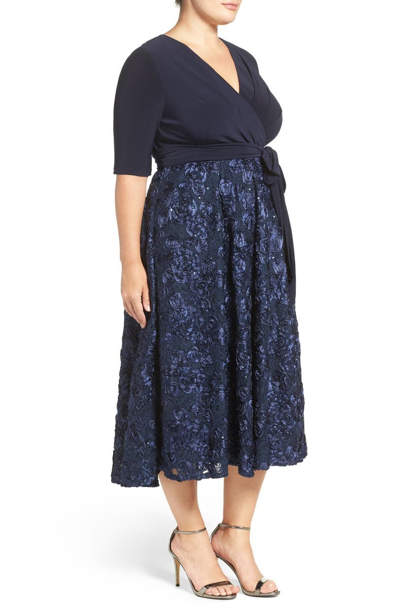 Alex Evenings Tea Length Jersey & Rosette Lace Dress, Alternate, color, Navy