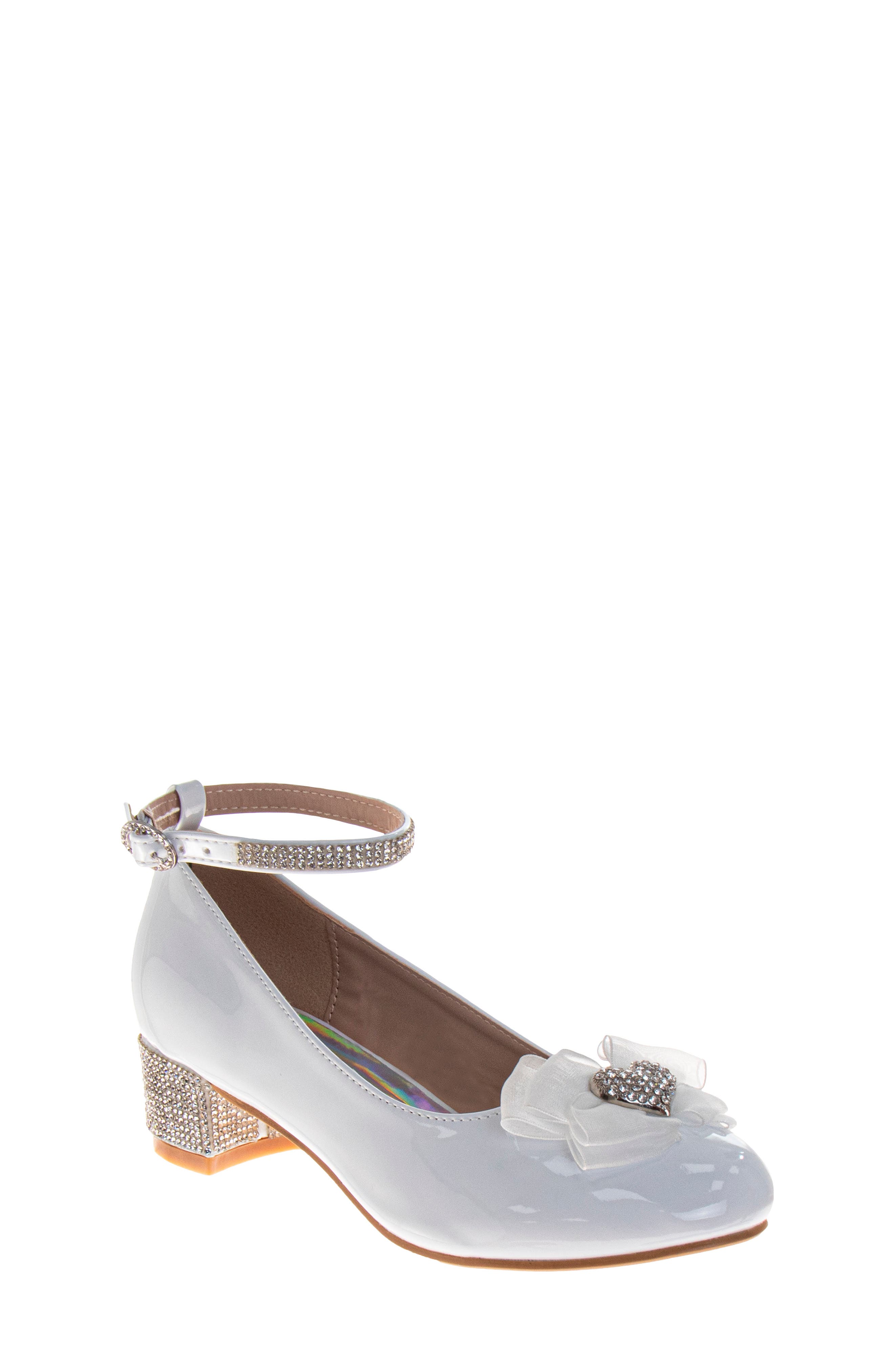 Badgley Mischka Collection Kids' Crystal Heart Ankle Strap Pump, Main, color, White Patent