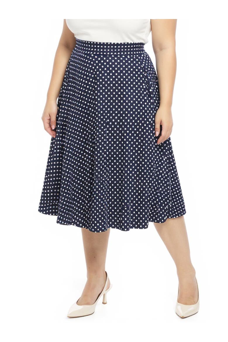 Plus Size Polka Dot Elastic Waist Pocket A-Line Midi Skirt, Alternate, color, Navy Multi
