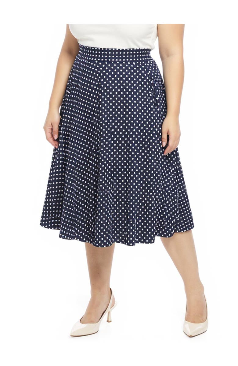 24seven Comfort Apparel Plus Size Polka Dot Elastic Waist Pocket A-Line Midi Skirt, Alternate, color, Navy Multi