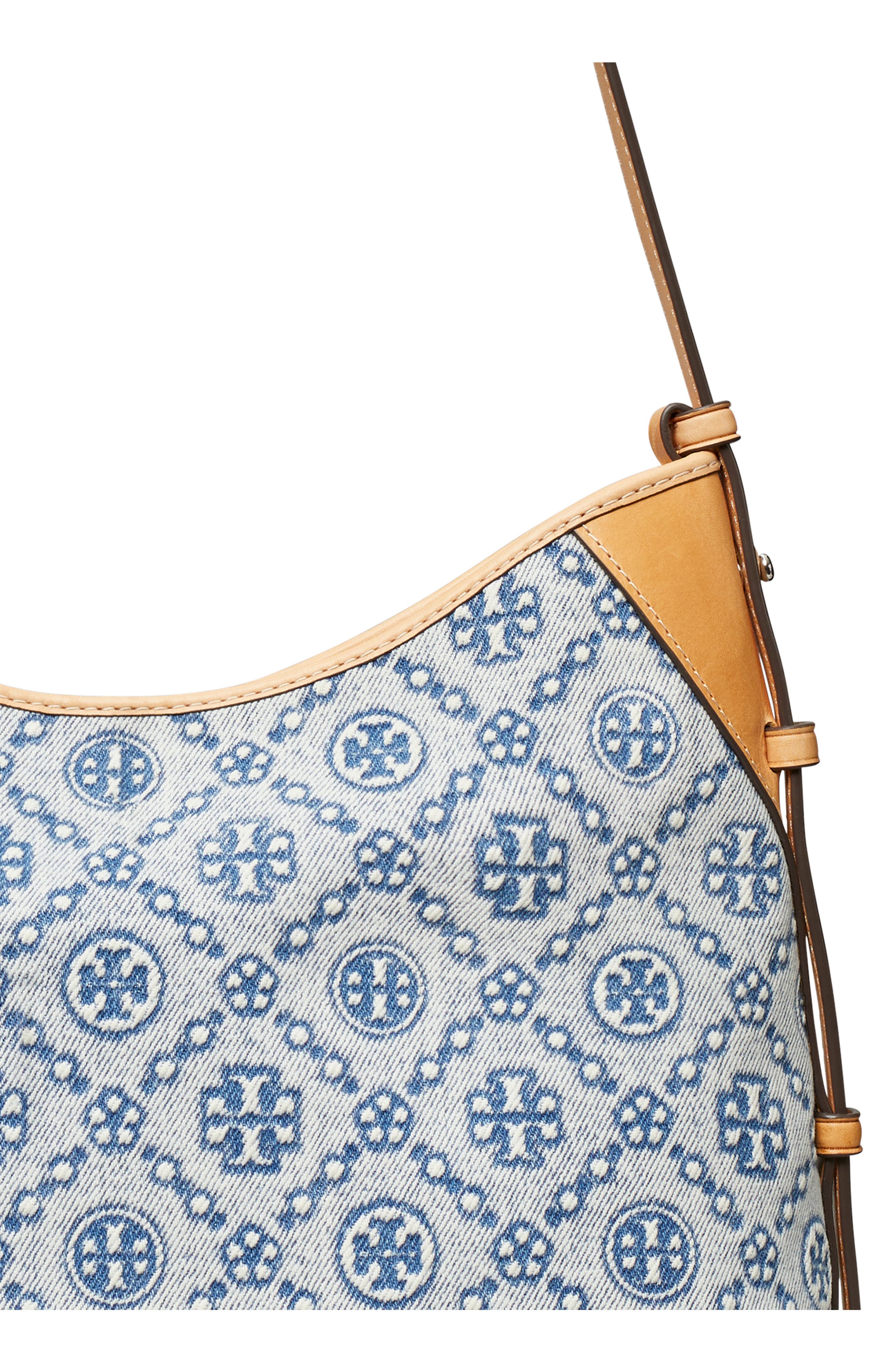 Tory Burch T Monogram Denim Messenger Bag, Alternate, color, Powder Blue