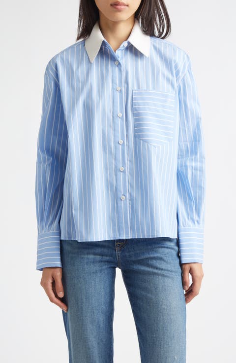 Coral Stripe Removable Collar Button-Up Shirt