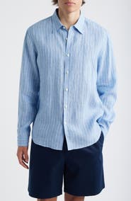 Theory Irving Relaxed Fit Stripe Linen Button-Up Shirt