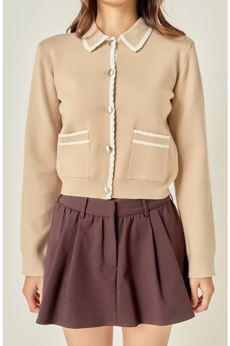 Scallop Trim Cardigan, Alternate, color, TAN/ OFF WHITE