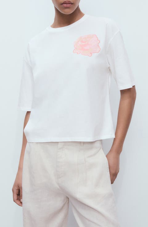 Appliqué Flower Cotton Graphic T-Shirt