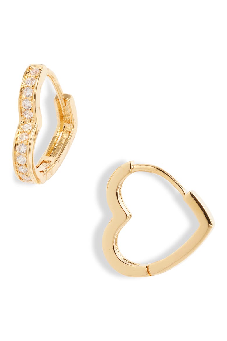 Cubic Zirconia Open Heart Huggie Hoop Earrings, Main, color, CLEAR- GOLD