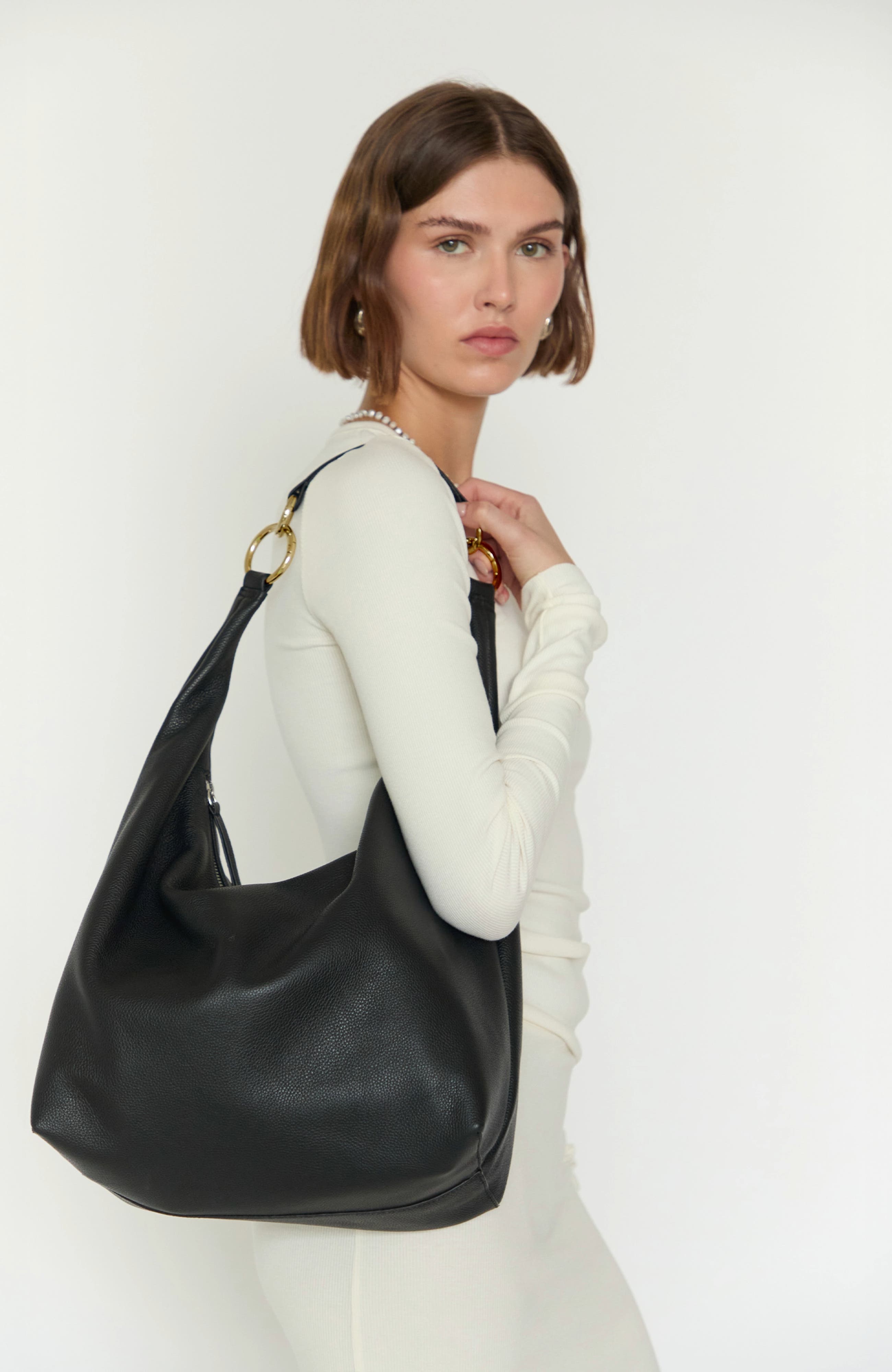 HYER GOODS Leather Convertible Hobo Ring Bag, Alternate, color, Black/Gold