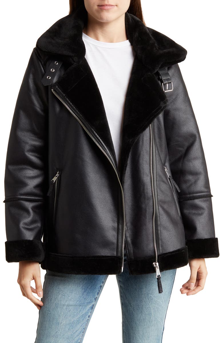 Vigoss Oversize Faux Fur Lined Faux Leather Moto Jacket, Main, color, 